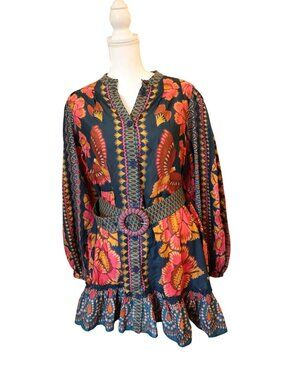 Farm Rio Ainika Sparkle Puff-Sleeve Cotton Mini Dress, Large NWOT